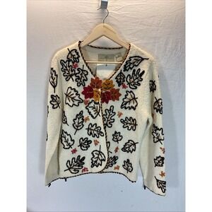 NEW Philip‎ Jane Gordon Sweater Cardigan M Leaves Fall novelty Bold statement